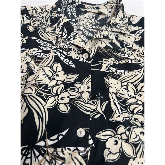 Erika Women’s 1X Black/Ivory Floral Hawaiian Shrt Sleeve Cotton Blend Button Up - Picture 7 of 7